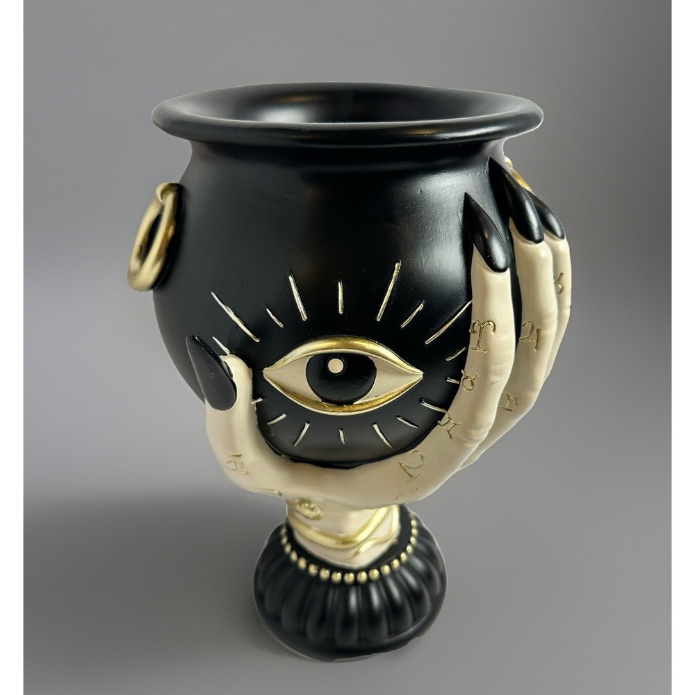 Eerie Charm Witch Hand Cauldron Planter Vase Black Gold Halloween Gothic Decor